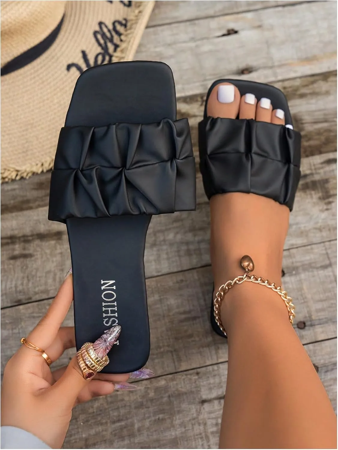 OYOANGLE Women's Ruched Band Open Square Toe Flat Sandals Slip On Summer Vacation Casual Slides