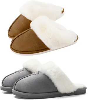 Parlovable Set of 2 Pairs-Women's Comfy Suede Slippers (Chestnut) & Fuzzy Memory Foam House Shoes (Grey), US Size 7-8