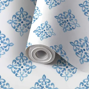 Peel and Stick Wallpaper Self Adhesive Wall Mural Seamless moroccan Square vintage tile Blue white watercolor ornament Contact Paper Renter Friendly Wallpaper for Kitchen Nursery Bedroom 17.7"x118"