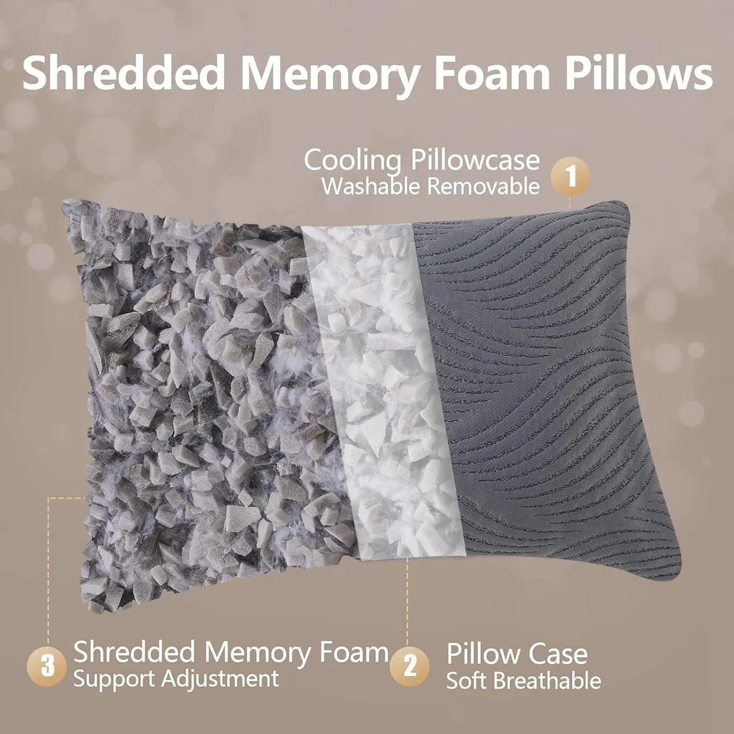 Pillows Queen Size Set of 2 Cooling Memory Foam Pillows for Sleeping Adjustable Medium Firm Back and Side Sleeper