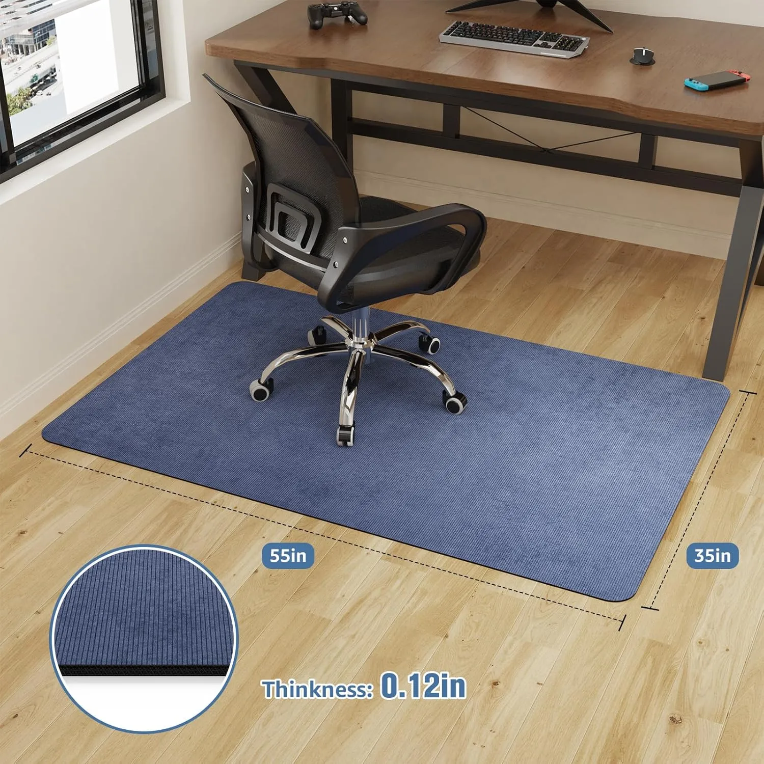 Placoot Office Chair Mat for Hardwood Floor, 55"x35" Corduroy Surface Computer Chair Mat, Desk Chair Mat, Large Anti-Slip Rubber Bottom Floor Protector for Home Office Brown