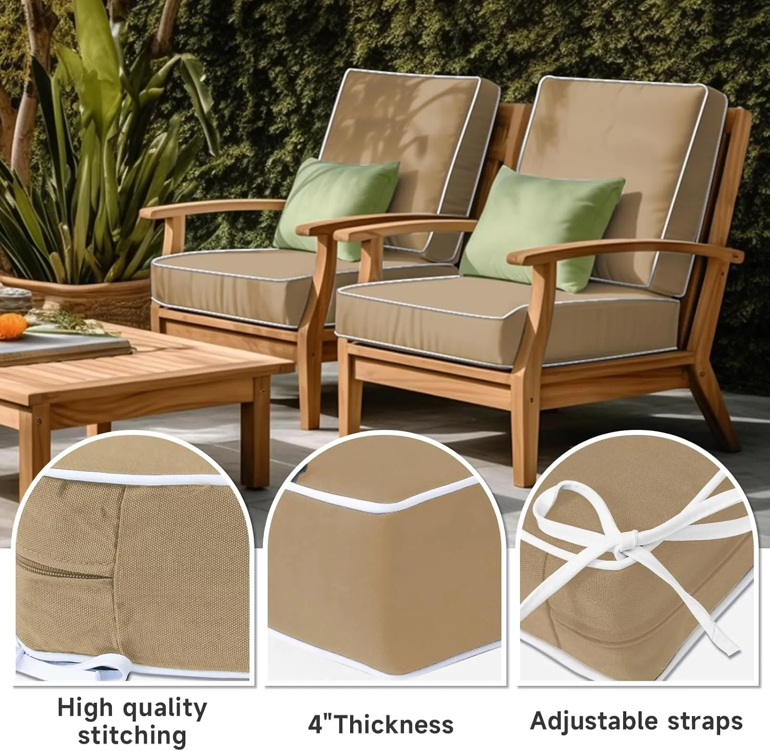 PNP FKJP 2 Pack Outdoor Chair Cushion 20" X 20" X 4", Waterproof Outdoor Seat Cushions with Non-Skid Ties, Khaki (Cushion   Cover)