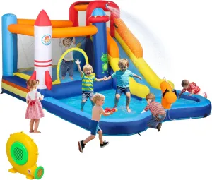 Qaba Inflatable Water Slide Park, Kids Bounce House with Splash Pool, Trampoline, Climbing Wall, Water Cannon, 5 in 1 Waterslide for Kids with 550W Blower, for Backyard, Party