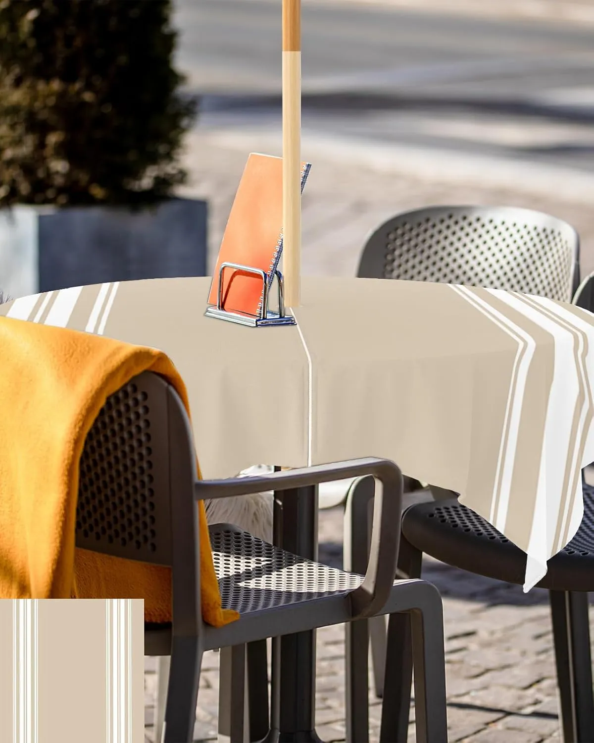 QueenKer Outdoor Tablecloth with Umbrella Hole, Khaki and White Stripe Square Tables Waterproof Tabletop Collection for Patio, Garden, Picnic, Camping, Dining 60 x 60 inch