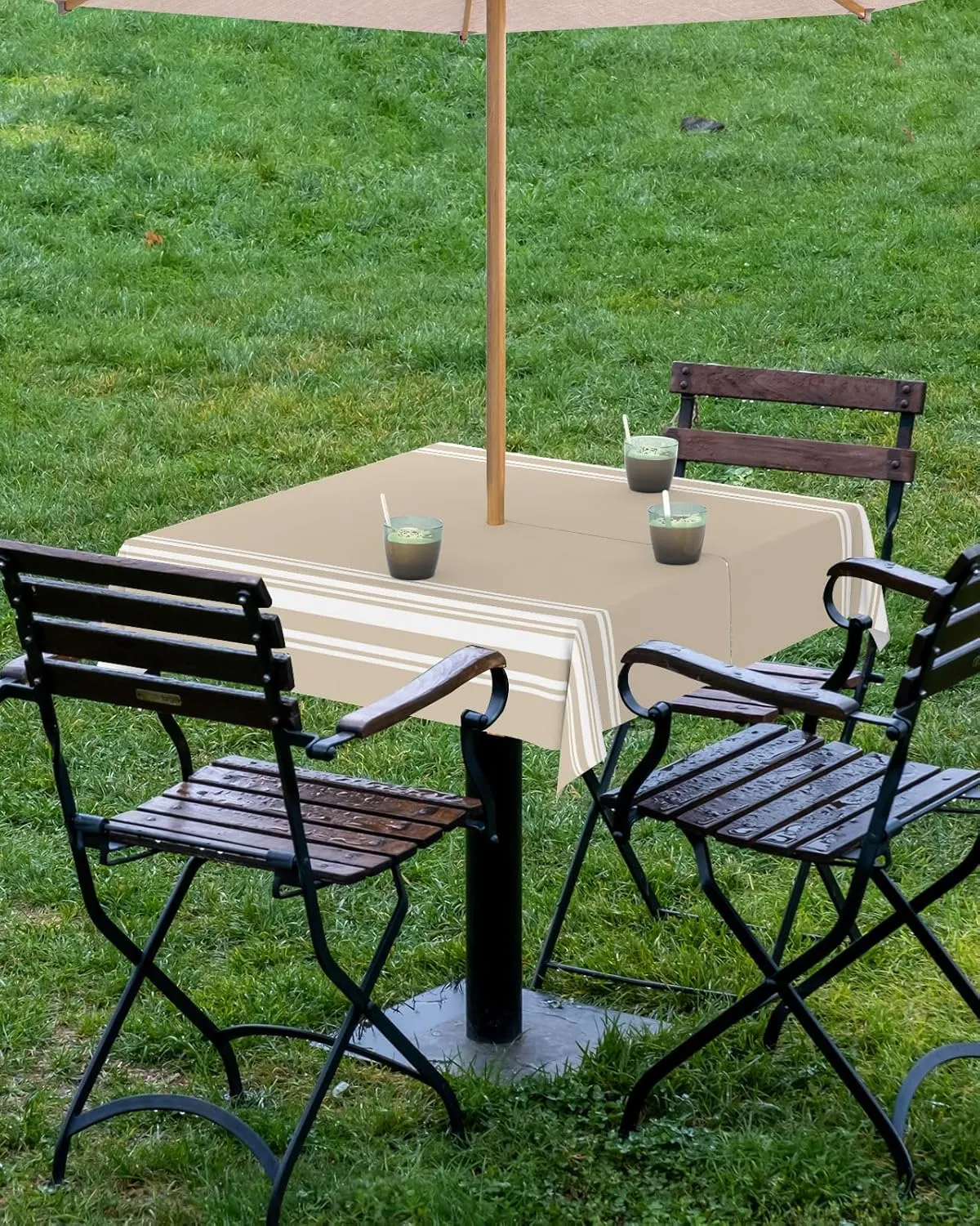 QueenKer Outdoor Tablecloth with Umbrella Hole, Khaki and White Stripe Square Tables Waterproof Tabletop Collection for Patio, Garden, Picnic, Camping, Dining 60 x 60 inch
