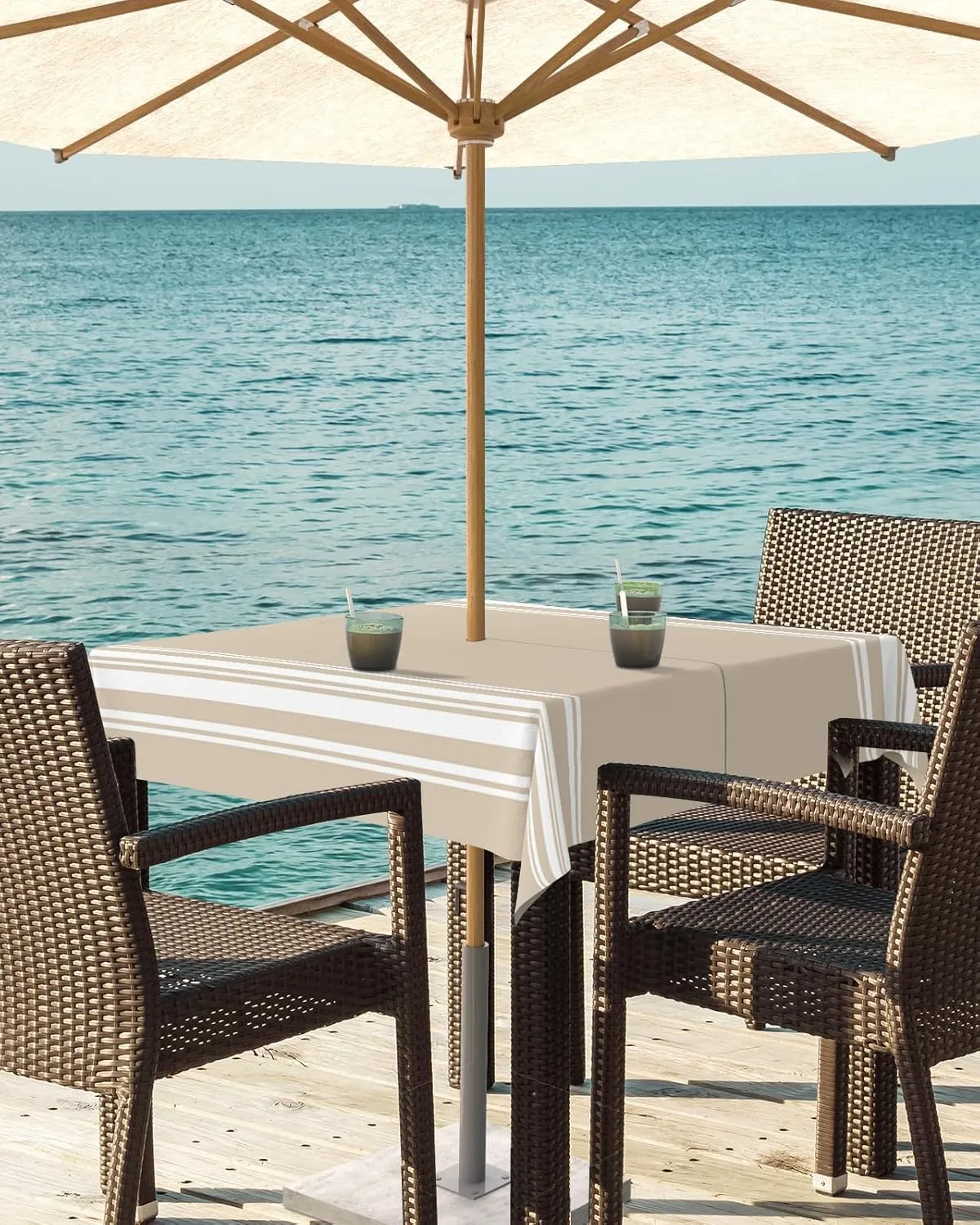 QueenKer Outdoor Tablecloth with Umbrella Hole, Khaki and White Stripe Square Tables Waterproof Tabletop Collection for Patio, Garden, Picnic, Camping, Dining 60 x 60 inch