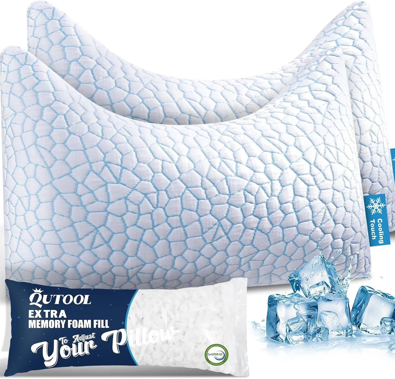 QUTOOL Double Sided Cooling Pillow for Side and Back Sleepers,Adjustable Soft & Firm Shredded Memory Foam Pillows for Neck Pain Relief,Curved Bed Pillows Queen Size Set of 2