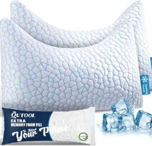 QUTOOL Double Sided Cooling Pillow for Side and Back Sleepers,Adjustable Soft & Firm Shredded Memory Foam Pillows for Neck Pain Relief,Curved Bed Pillows Queen Size Set of 2