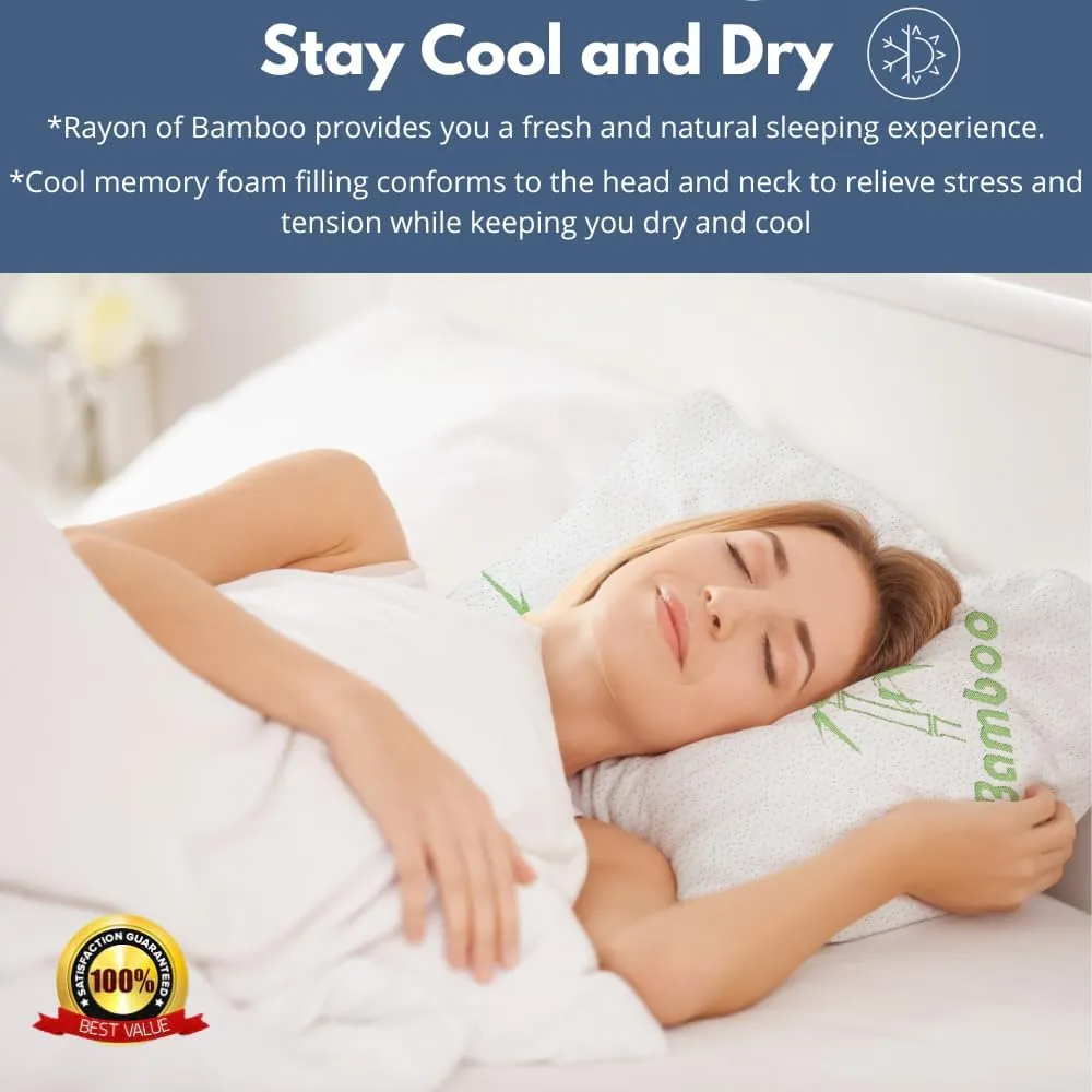 Rayon Derived from Bamboo Pillows Queen Size Set of 2 Shredded Memory Foam for Sleeping - Ultra Soft, Cool & Breathable Cover w/Zipper Closure - Relieves Neck Pain - Back/Stomach/Side Sleeper