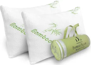 Rayon Derived from Bamboo Pillows Queen Size Set of 2 Shredded Memory Foam for Sleeping - Ultra Soft, Cool & Breathable Cover w/Zipper Closure - Relieves Neck Pain - Back/Stomach/Side Sleeper