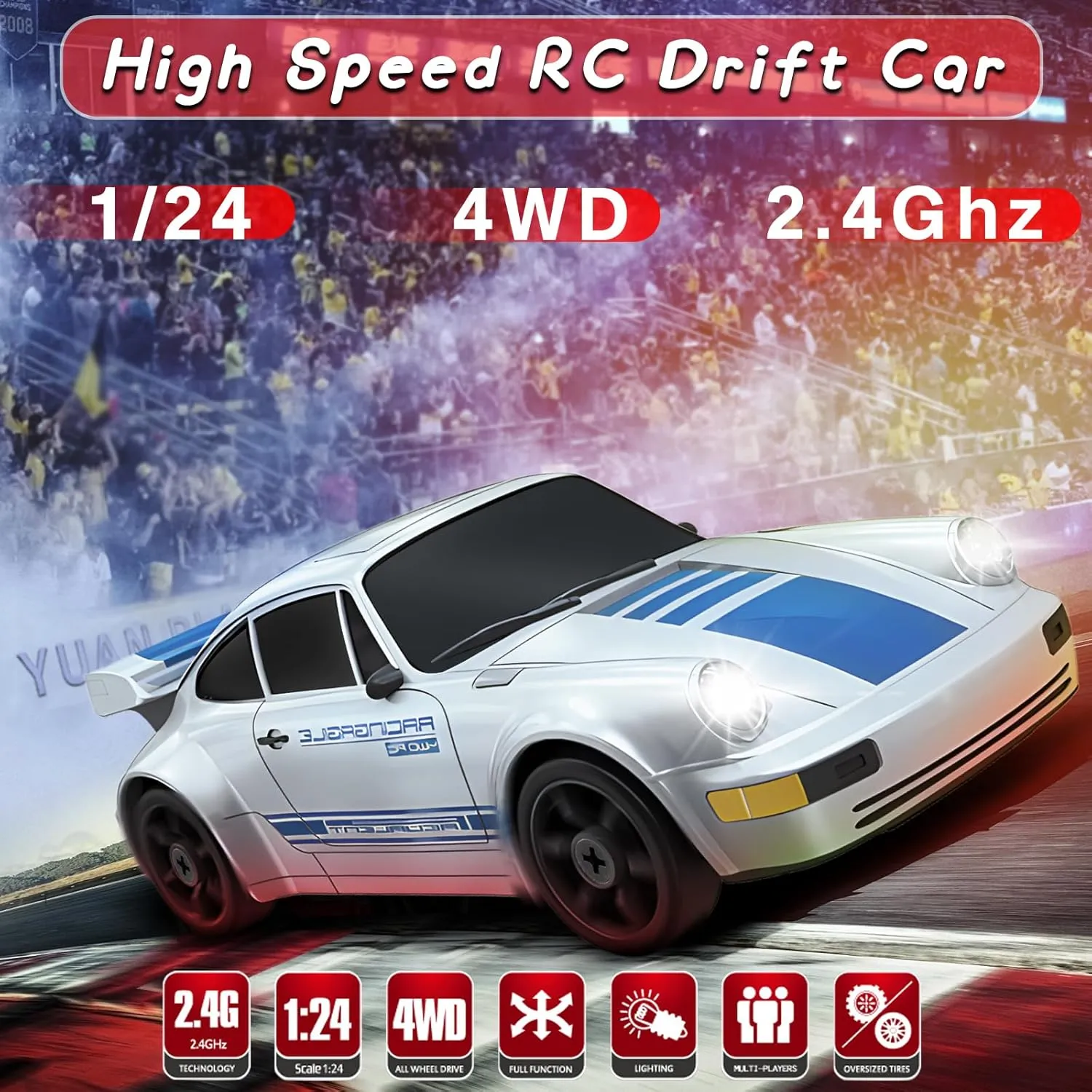 RC Drift Car, 2.4GHz Remote Control Car with LED Light, 1/24 4WD High Speed Drifting RC Cars with Two Rechargeable Batteries and Drift Tires, Toy Cars for Kids Adults, Silver