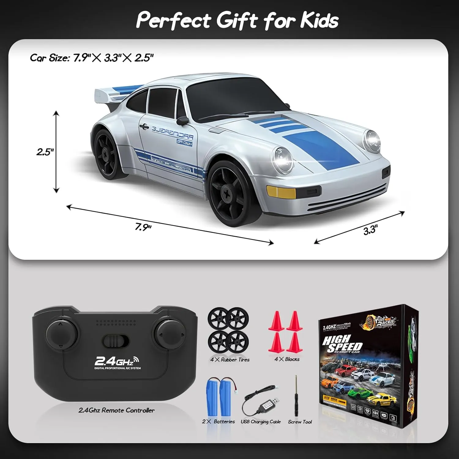 RC Drift Car, 2.4GHz Remote Control Car with LED Light, 1/24 4WD High Speed Drifting RC Cars with Two Rechargeable Batteries and Drift Tires, Toy Cars for Kids Adults, Silver