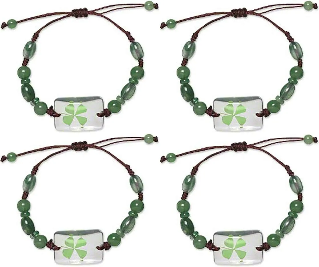 Real Four Leaf Clover Green Shamrock Bracelets Good Luck St Patrick's Day Jewelry - Set Of 4