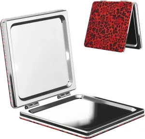 Red Leopard Pattern Printed Square Pocket Makeup Mirror with 1X/2X Magnification, Portable Mini Travel Makeup Mirror for Travel Daily Work Beauty
