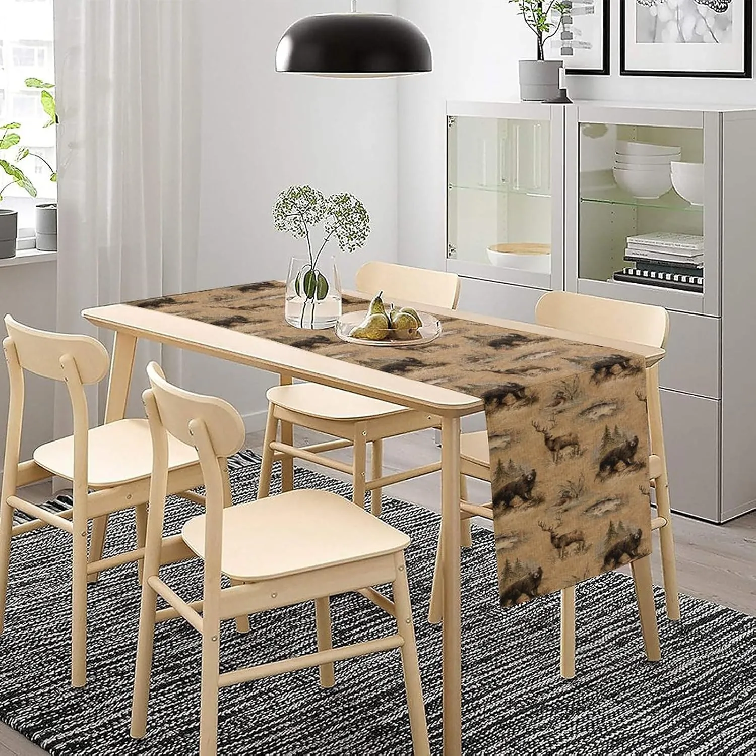 Retro Rustic Table Runner, Moose Deer Bear Leaf Forest Tree Country Style Kitchen Table Runners for Home Living Room Kitchen Family Dinner 13x120in