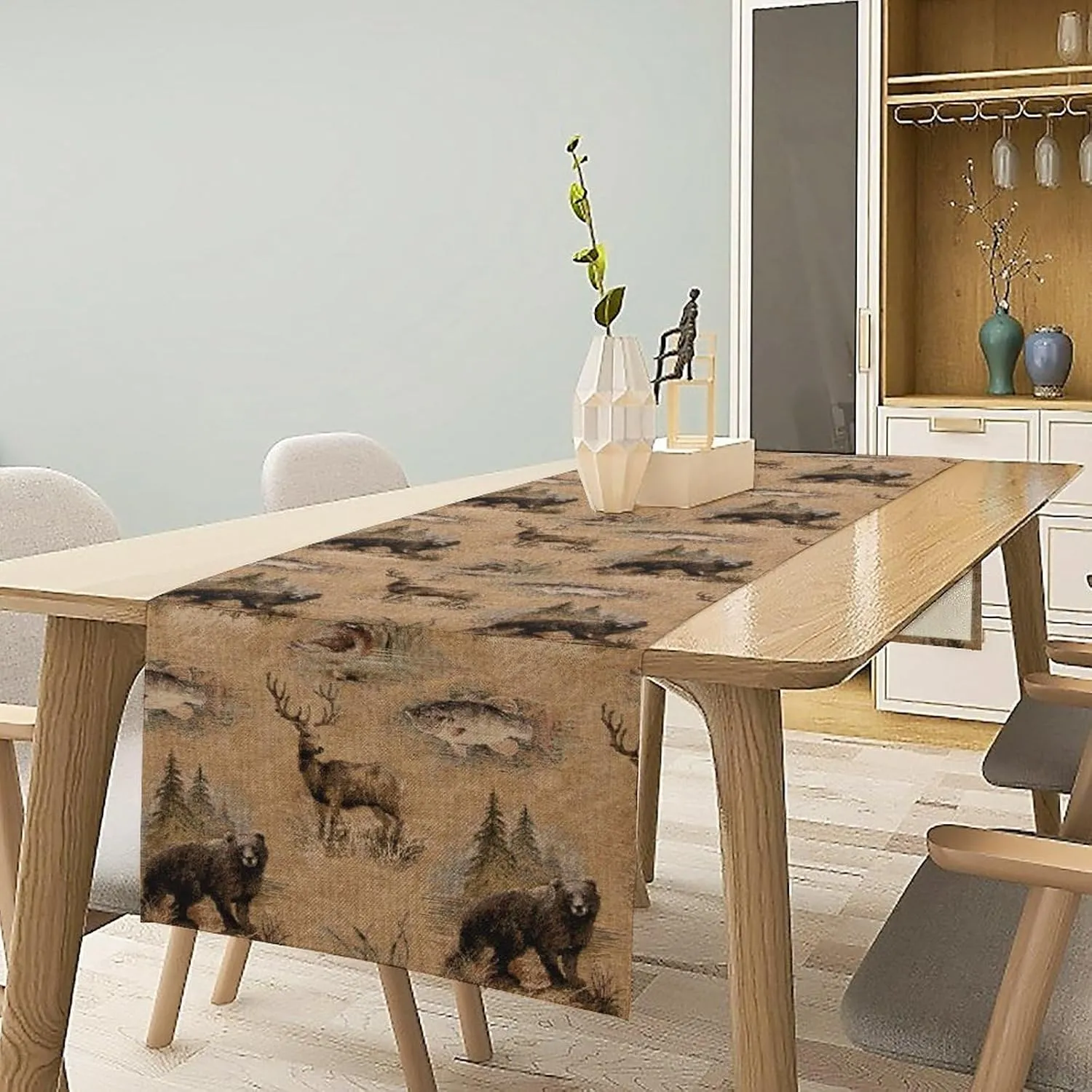 Retro Rustic Table Runner, Moose Deer Bear Leaf Forest Tree Country Style Kitchen Table Runners for Home Living Room Kitchen Family Dinner 13x120in