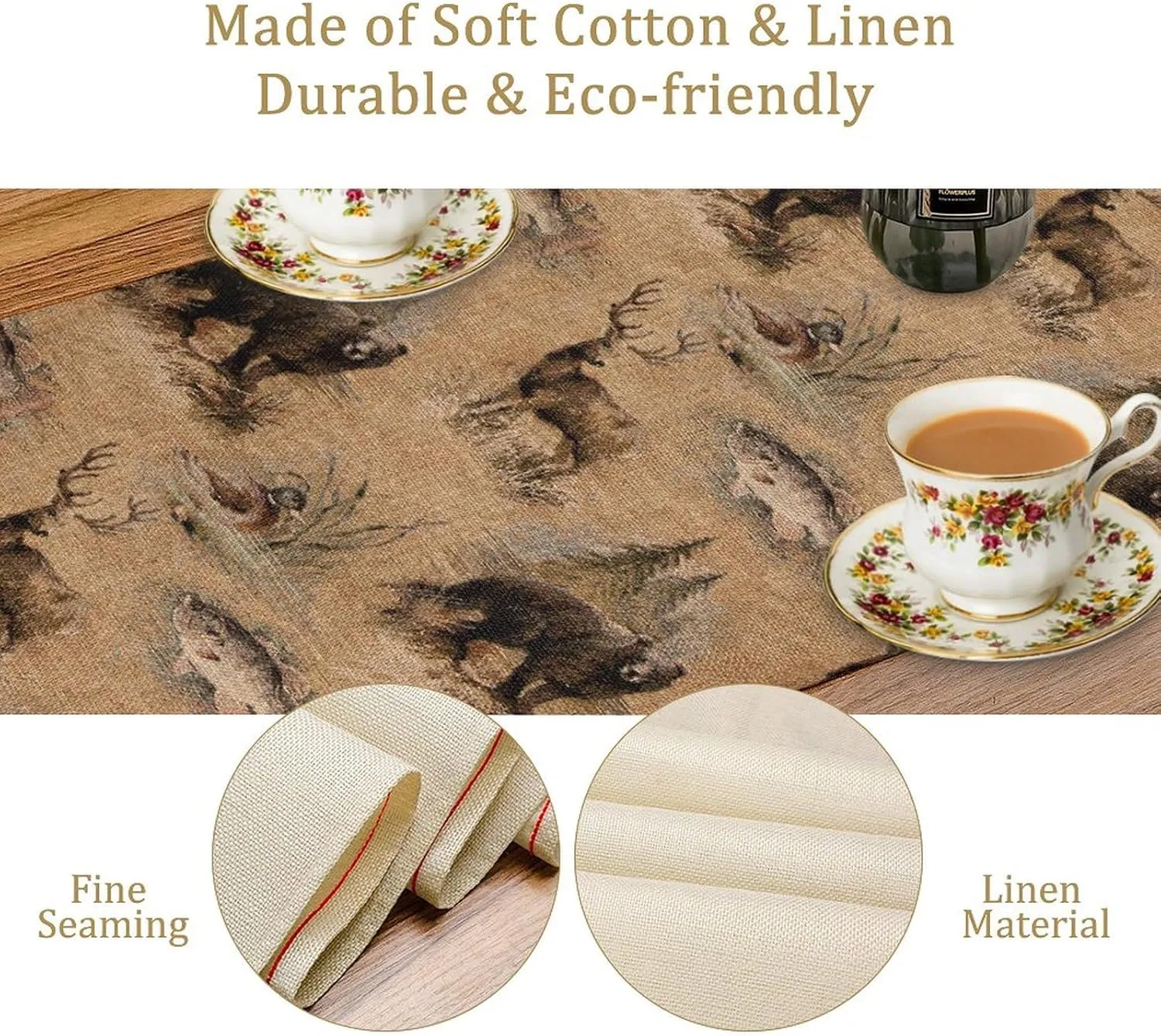 Retro Rustic Table Runner, Moose Deer Bear Leaf Forest Tree Country Style Kitchen Table Runners for Home Living Room Kitchen Family Dinner 13x120in