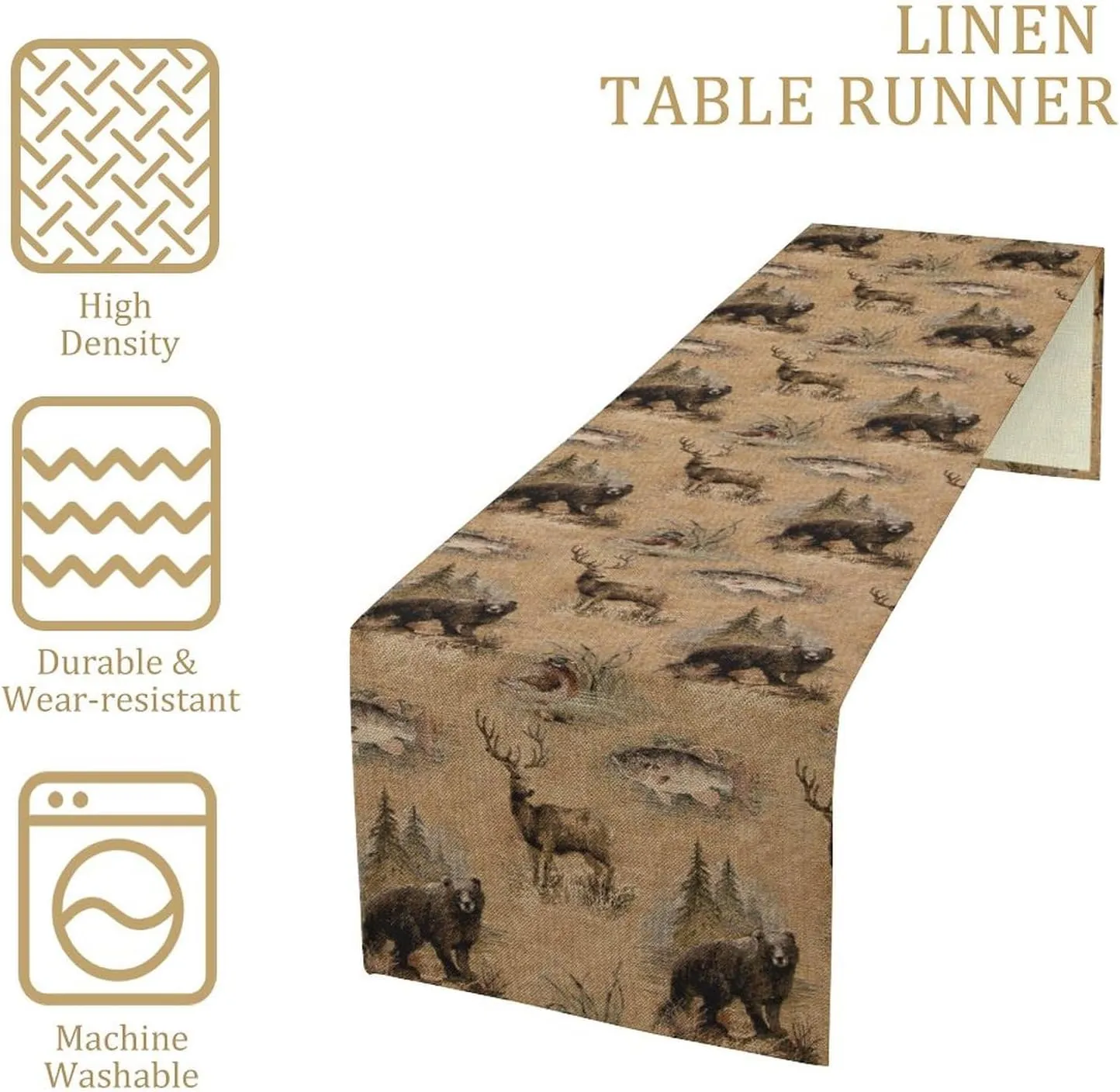 Retro Rustic Table Runner, Moose Deer Bear Leaf Forest Tree Country Style Kitchen Table Runners for Home Living Room Kitchen Family Dinner 13x120in