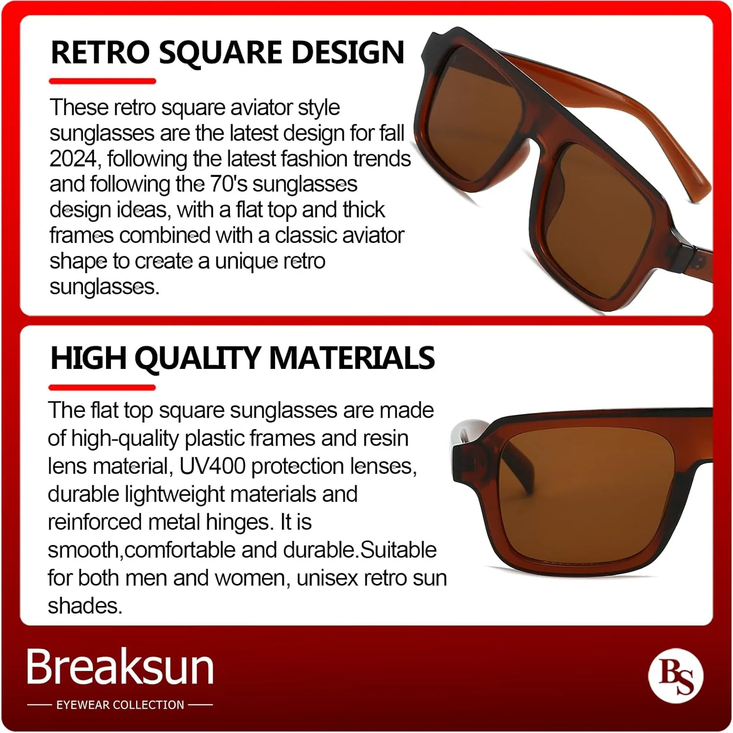 Retro Square Sunglasses for Women Men Trendy Thick Frame Square Aviator Sun Glasses 70s Vintage Shades
