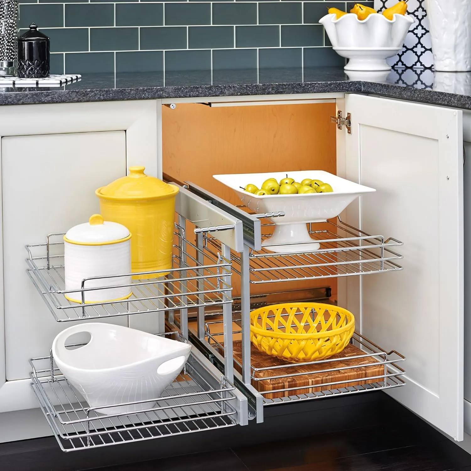 Rev-A-Shelf Dual Tier Pullout Shelf Storage Organizer for Blind Corner Kitchen or Bathroom Cabinets,18", 4 Shelves, Silver, 5PSP-18-CR