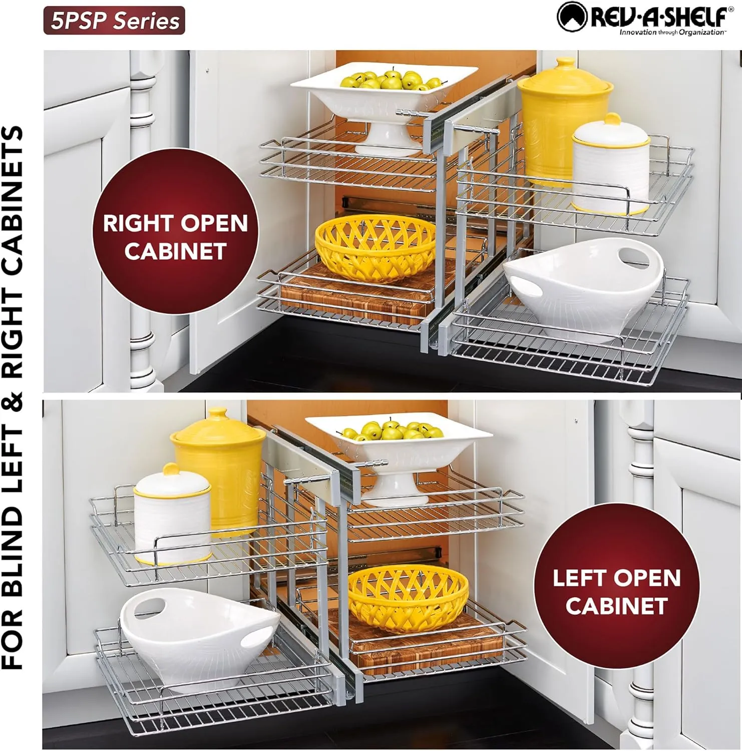 Rev-A-Shelf Dual Tier Pullout Shelf Storage Organizer for Blind Corner Kitchen or Bathroom Cabinets,18", 4 Shelves, Silver, 5PSP-18-CR