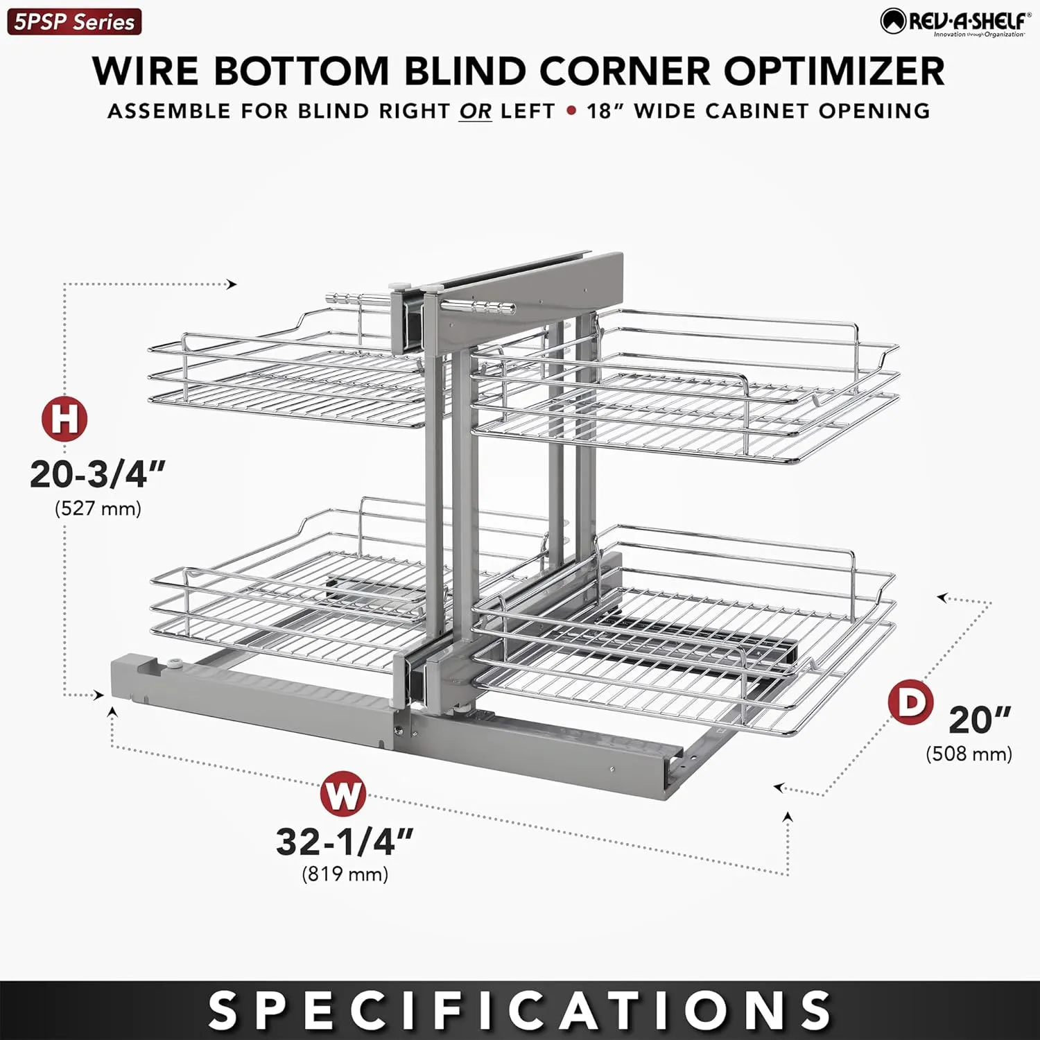 Rev-A-Shelf Dual Tier Pullout Shelf Storage Organizer for Blind Corner Kitchen or Bathroom Cabinets,18", 4 Shelves, Silver, 5PSP-18-CR