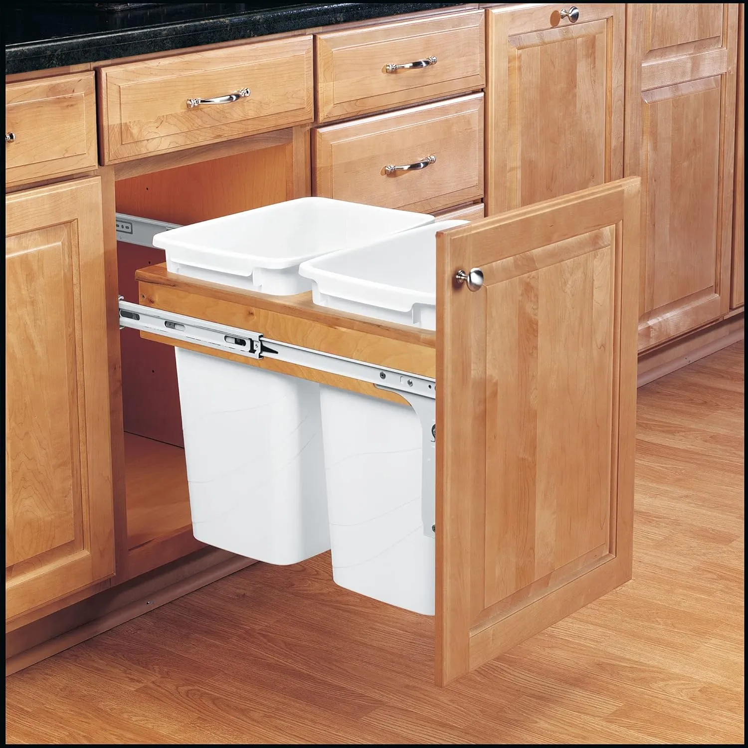 Rev-A-Shelf Wood Top Mount Pullout Double Trash Canss Waste Containers, 35-Quart Garbage Bins with 135 lb. Capacity, 4WCTM-18DM2-175