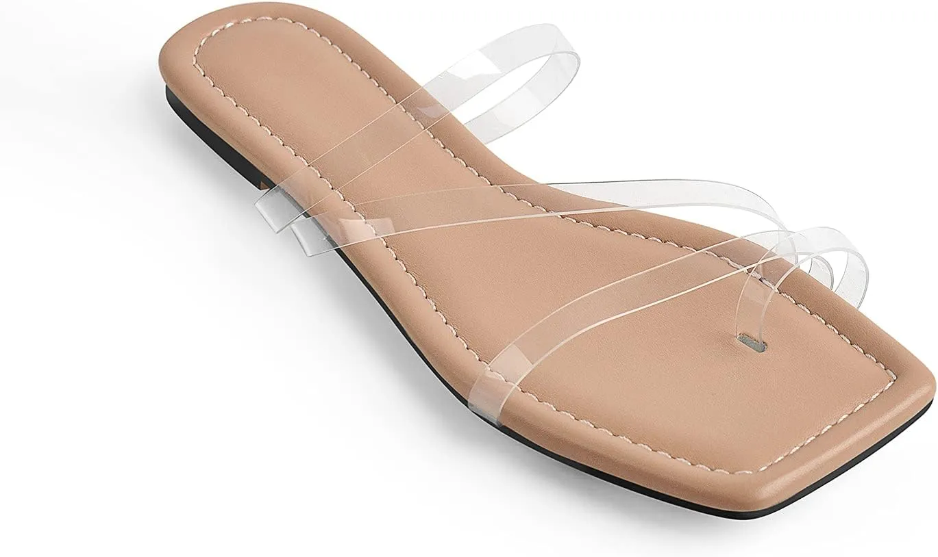 Richealnana Women's Clear Straps Toe Ring Square Toe Flat Sandals
