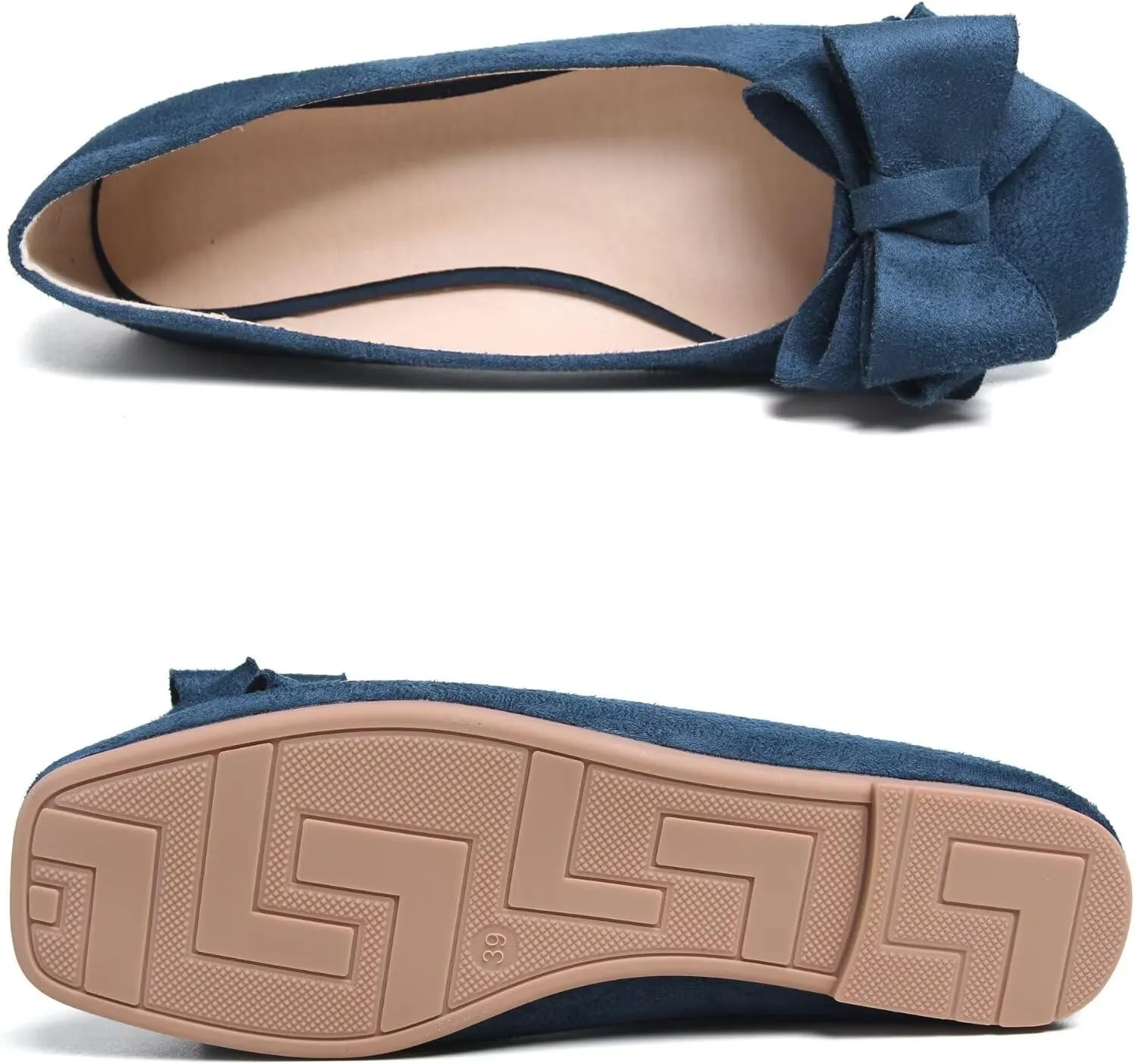 SAILING LU Women's Bow Knot Ballet Flats Square Toe Flat Shoes Suede Dress Shoes Wear to Work Slip On Moccasins