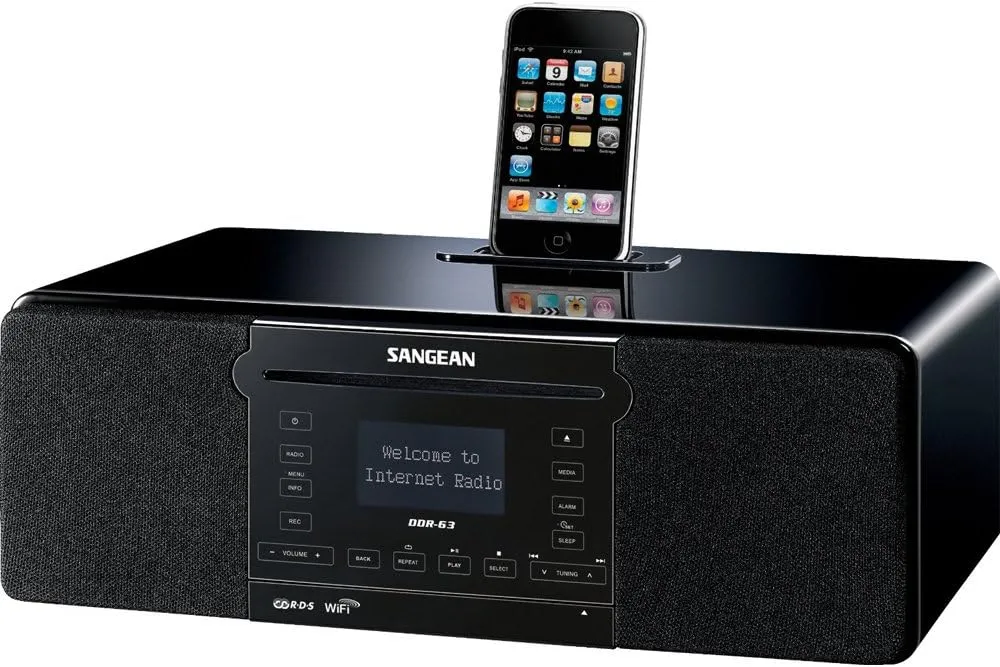 Sangean DDR-63 All-in-One Table Top with WiFi Internet, FM-RDS/Aux in/CD/USB/iPod Cradle in Acoustically Designed Wooden Cabinet with Free Bluetooth Music Receiver Black