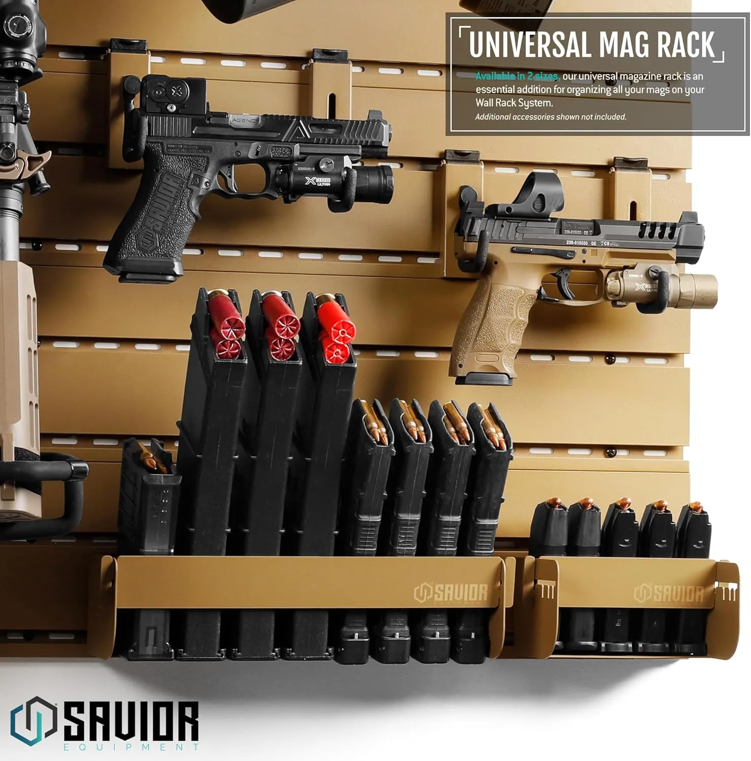 Savior Equipment Wall Rack System Universal Magazine Rack Holder Slat Wall Mount Display Organizer Hanger, Adjustable to Fit Most 9MM .45 Pistol 5.56 .308 Rifle Mags, Heavy-Duty Steel Construction