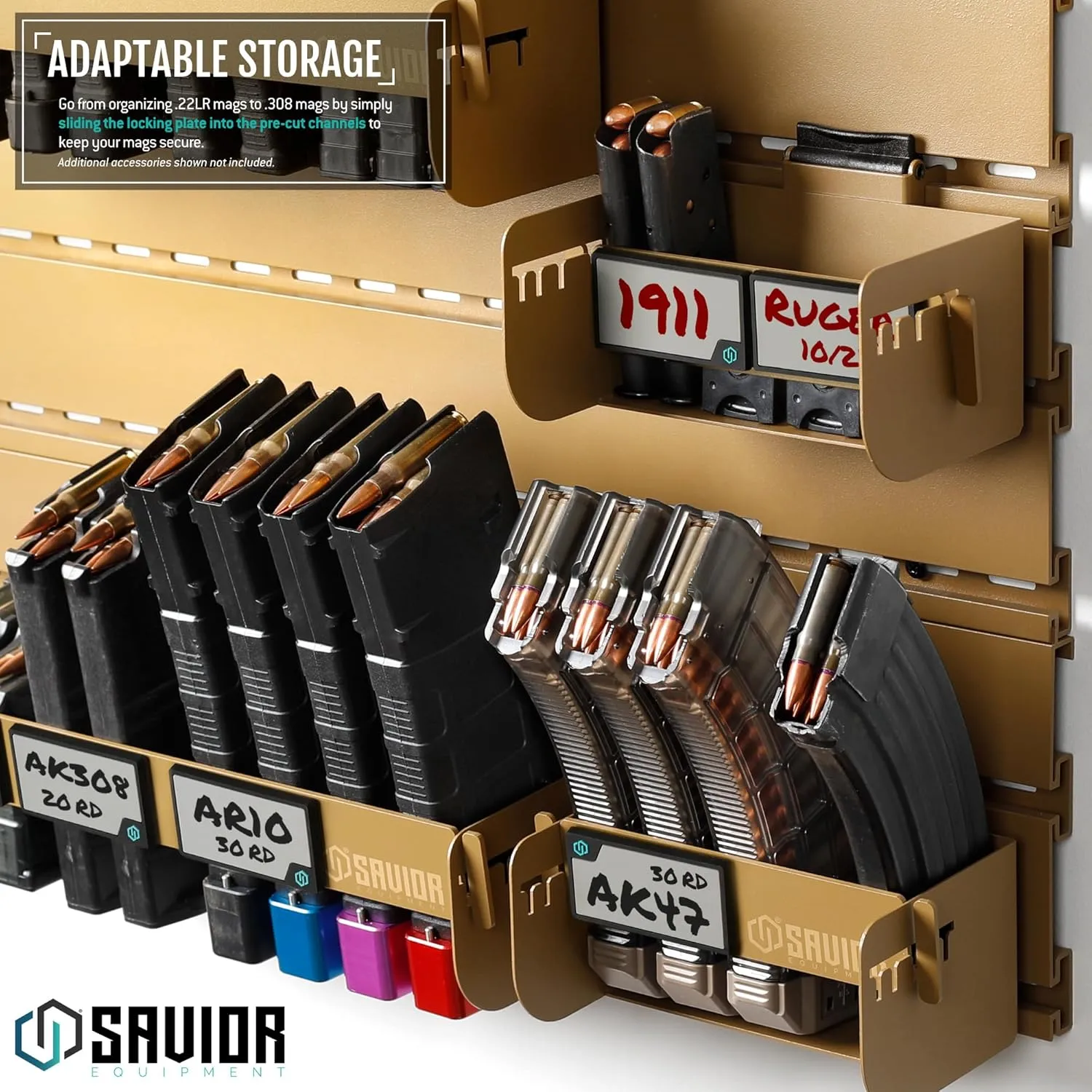 Savior Equipment Wall Rack System Universal Magazine Rack Holder Slat Wall Mount Display Organizer Hanger, Adjustable to Fit Most 9MM .45 Pistol 5.56 .308 Rifle Mags, Heavy-Duty Steel Construction