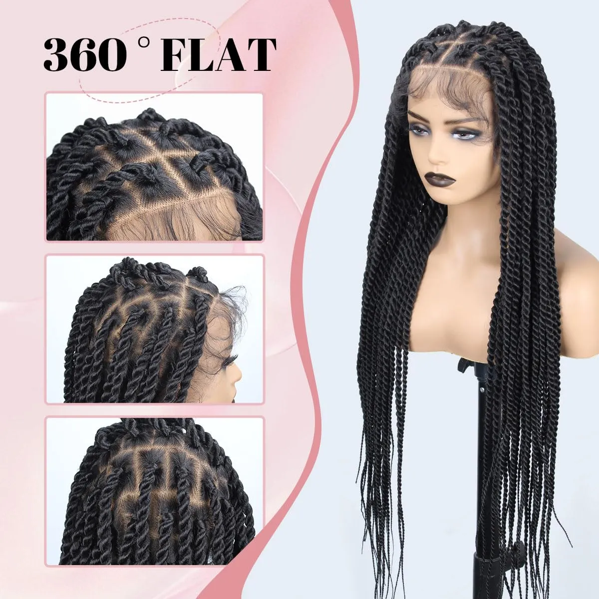 Senegal Twist Wigs, 36 "360° HD Full Single-layer Lace Two Braid Wigs for Black Women Square Knotless 2 Braid Wig with Baby Hair Handmade Synthetic Hair Blended Lace Front Wig Natural Black