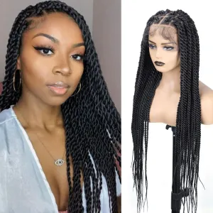 Senegal Twist Wigs, 36 "360° HD Full Single-layer Lace Two Braid Wigs for Black Women Square Knotless 2 Braid Wig with Baby Hair Handmade Synthetic Hair Blended Lace Front Wig Natural Black