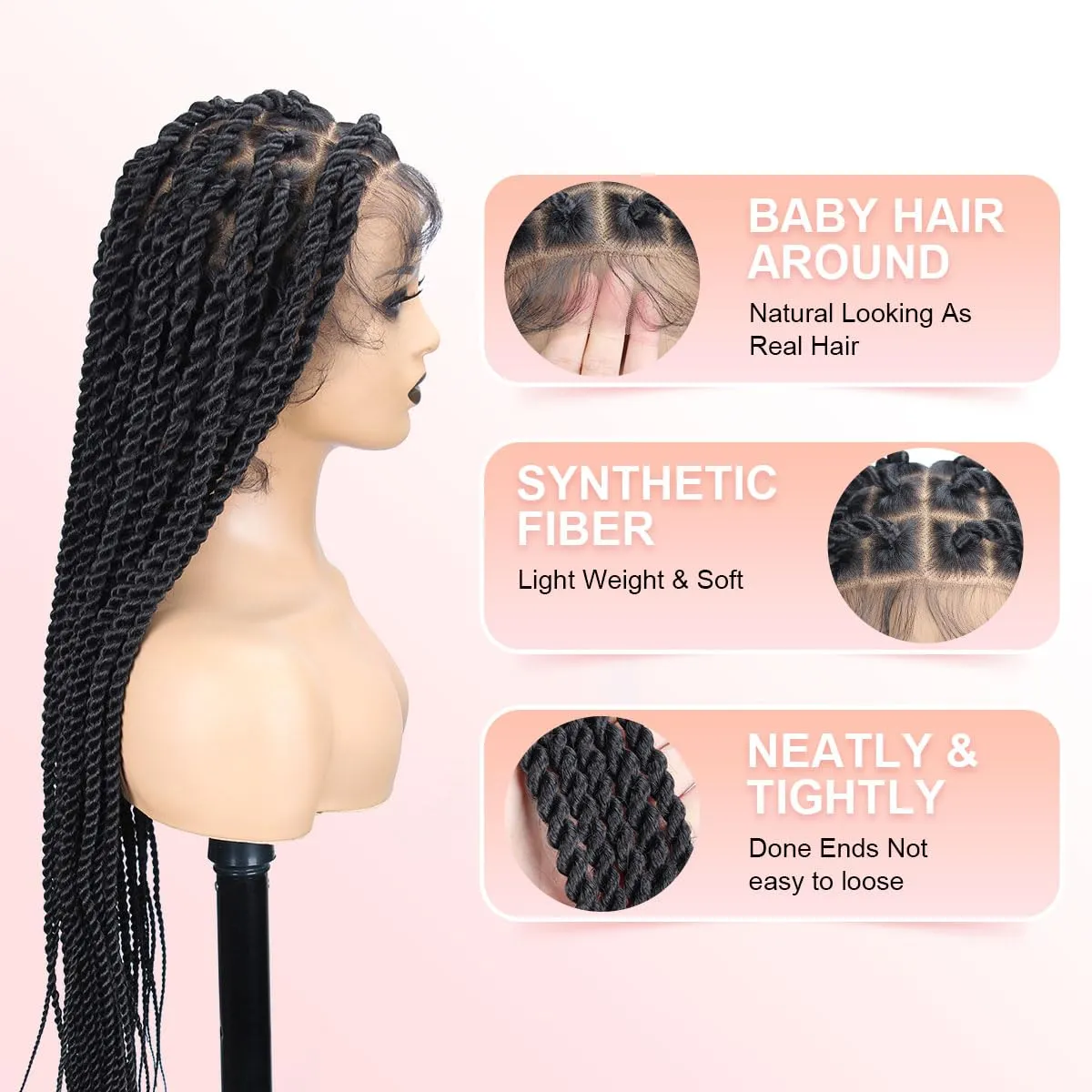 Senegal Twist Wigs, 36 "360° HD Full Single-layer Lace Two Braid Wigs for Black Women Square Knotless 2 Braid Wig with Baby Hair Handmade Synthetic Hair Blended Lace Front Wig Natural Black