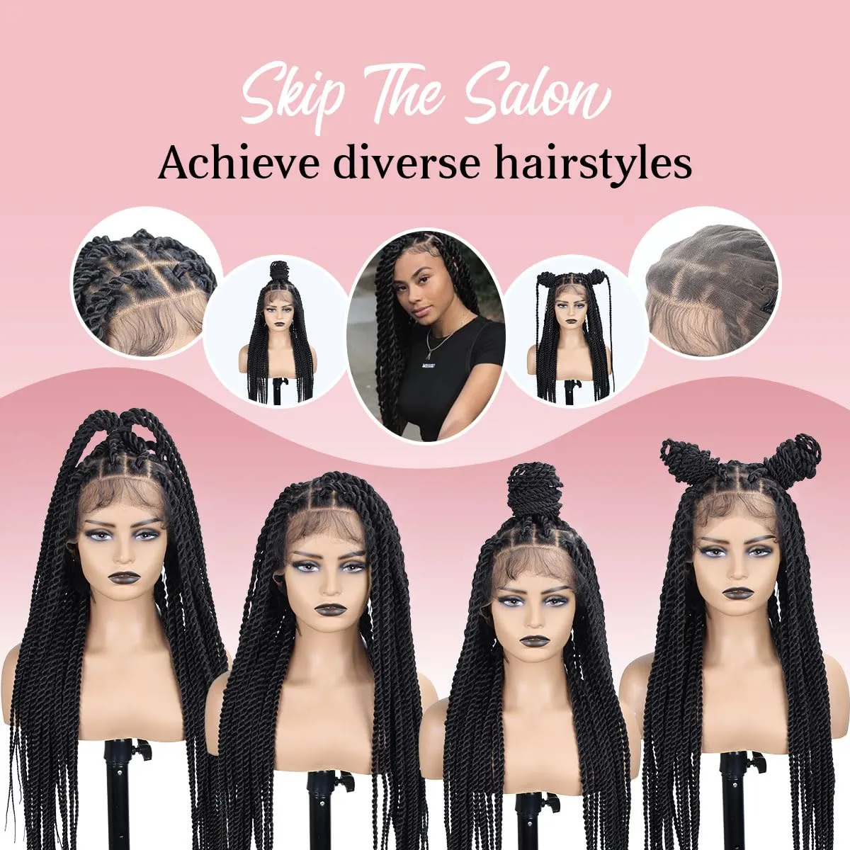 Senegal Twist Wigs, 36 "360° HD Full Single-layer Lace Two Braid Wigs for Black Women Square Knotless 2 Braid Wig with Baby Hair Handmade Synthetic Hair Blended Lace Front Wig Natural Black