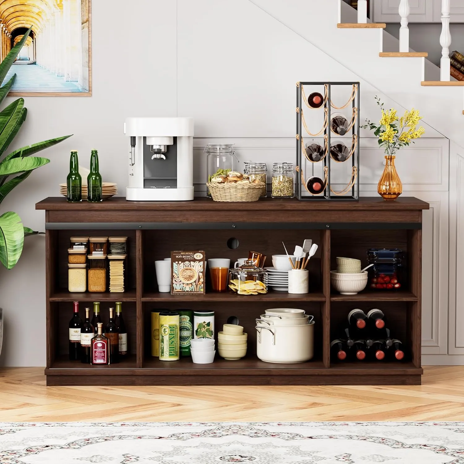 Shahoo Farmhouse Sideboard Buffet Cabinet, Coffee Bar Storage with Sliding Barn Doors, Shelf for Home Dining Room, Espresso