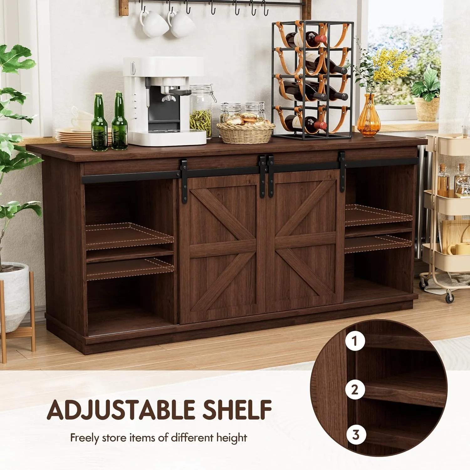 Shahoo Farmhouse Sideboard Buffet Cabinet, Coffee Bar Storage with Sliding Barn Doors, Shelf for Home Dining Room, Espresso