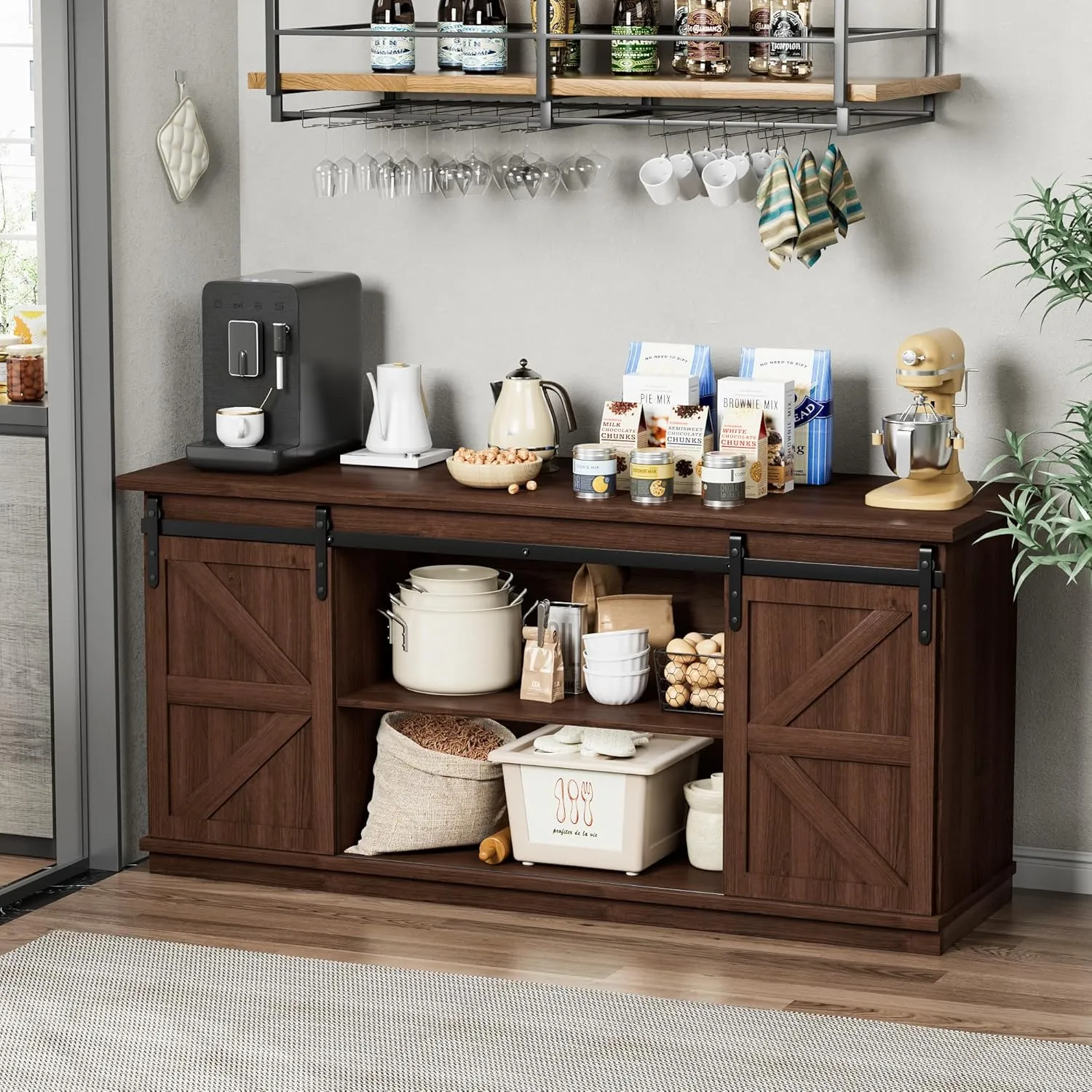 Shahoo Farmhouse Sideboard Buffet Cabinet, Coffee Bar Storage with Sliding Barn Doors, Shelf for Home Dining Room, Espresso