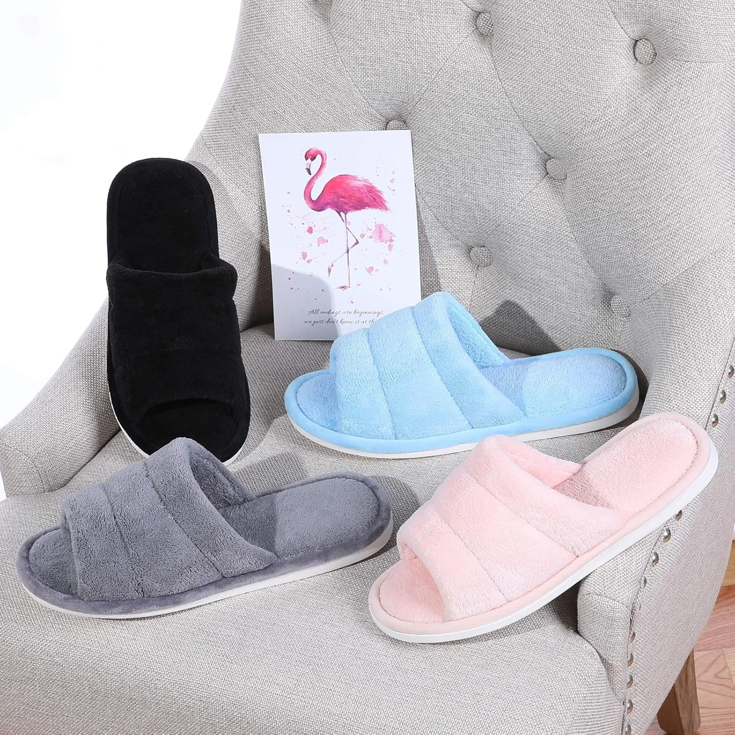 shevalues Terry Cloth Open Toe Slippers for Women Memory Foam Slip On House Slippers