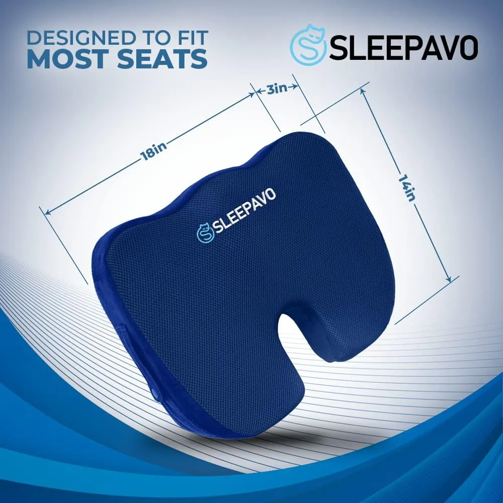 Sleepavo Navy Blue Memory Foam Seat Cushion for Office Chair - Pillow for Sciatica, Coccyx, Back, Tailbone and Lower Back Pain Relief - Orthopedic Chair Pad Lumbar Support in Office, Car, Airplane