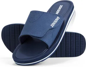 Slides for Men - Adjustable Slide Sandals Slip On- Open Toe Memory Foam Beach Sandals - Comfortable Summer Footwear for indoor/outdoor - Black 7