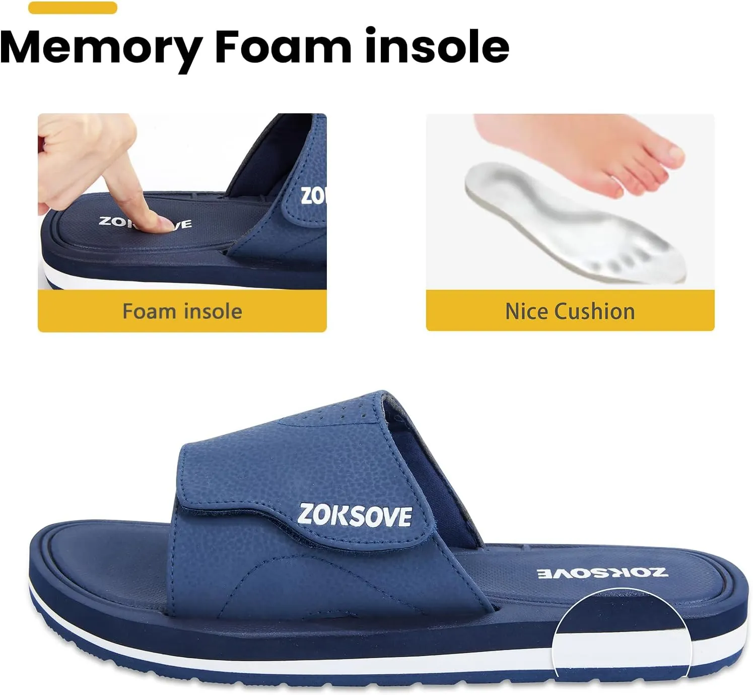 Slides for Men - Adjustable Slide Sandals Slip On- Open Toe Memory Foam Beach Sandals - Comfortable Summer Footwear for indoor/outdoor - Black 7