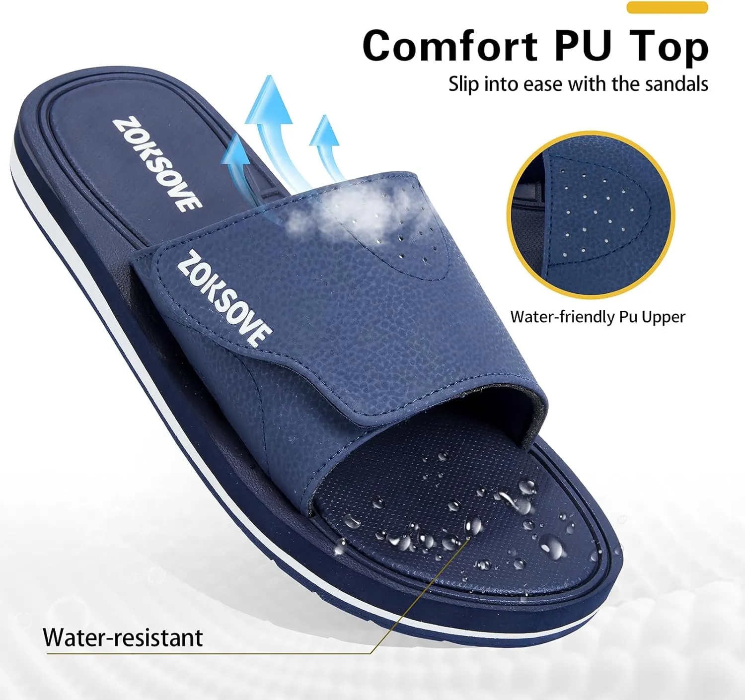 Slides for Men - Adjustable Slide Sandals Slip On- Open Toe Memory Foam Beach Sandals - Comfortable Summer Footwear for indoor/outdoor - Black 7