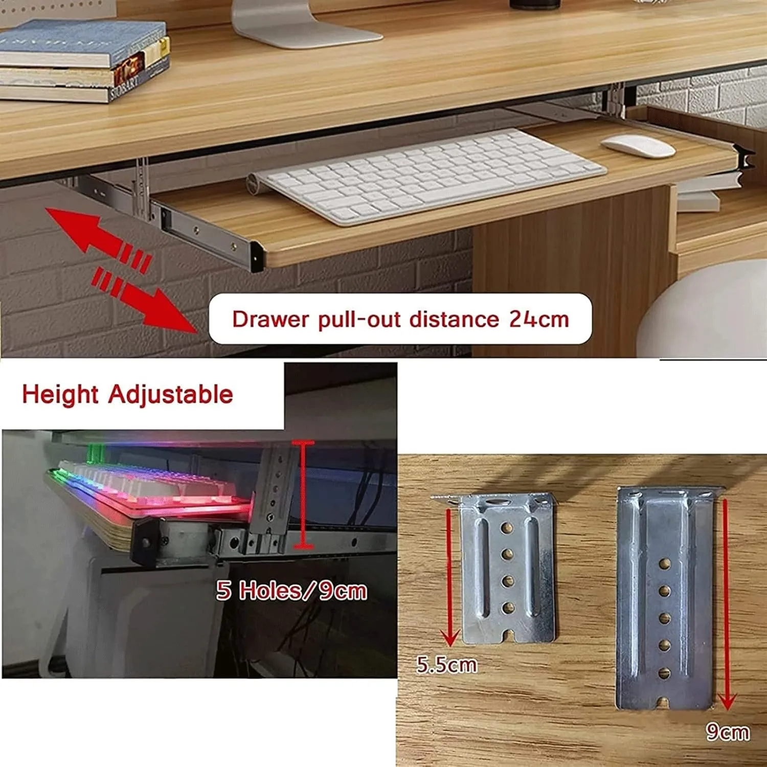Sliding Keyboard Tray, Under Desk Keyboard Slider, Wooden Desk Extender, Height Adjustable Keyboard Support Drawer, Keyboard and Mouse Storage Shelves