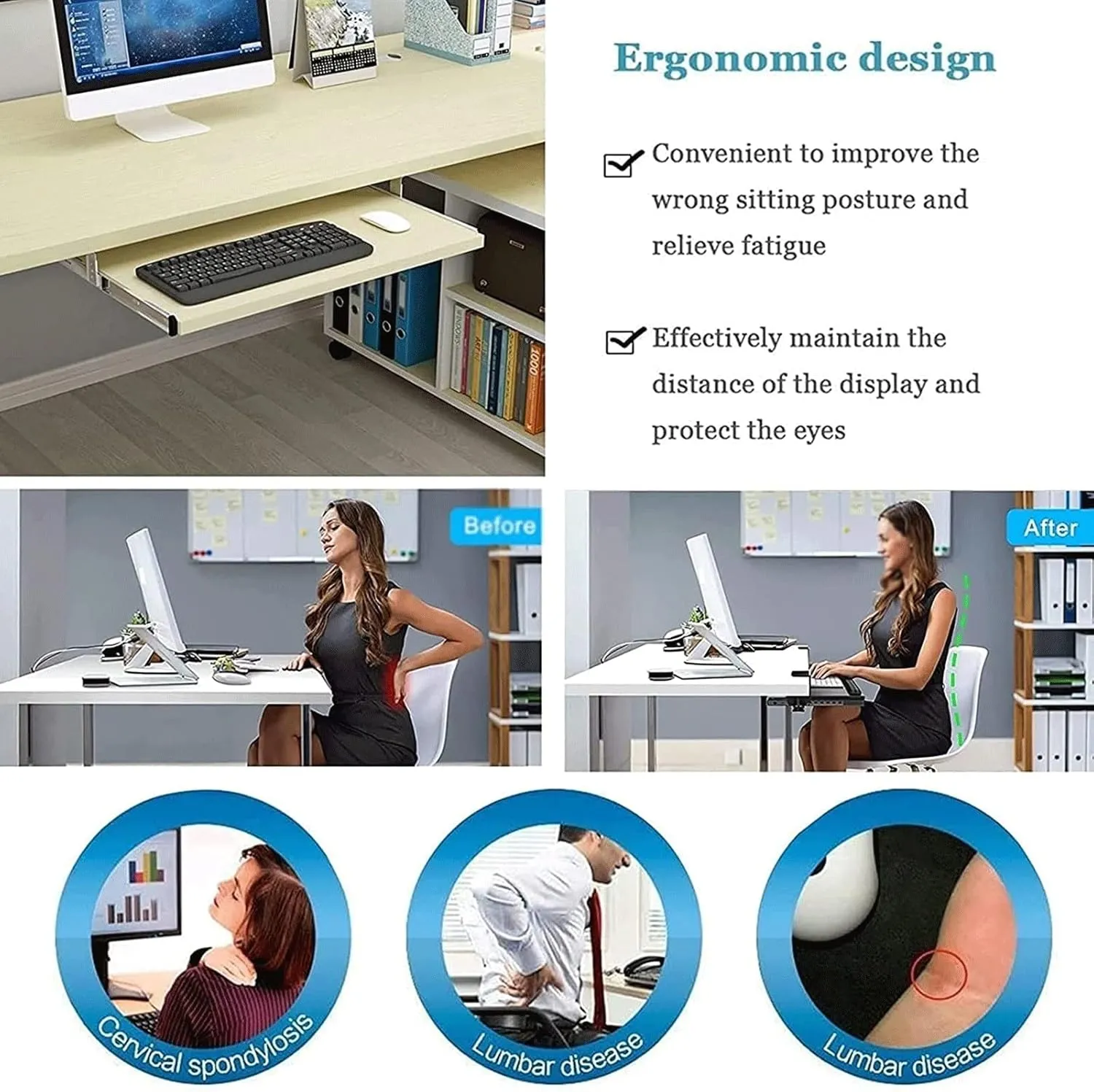 Sliding Keyboard Tray, Under Desk Keyboard Slider, Wooden Desk Extender, Height Adjustable Keyboard Support Drawer, Keyboard and Mouse Storage Shelves