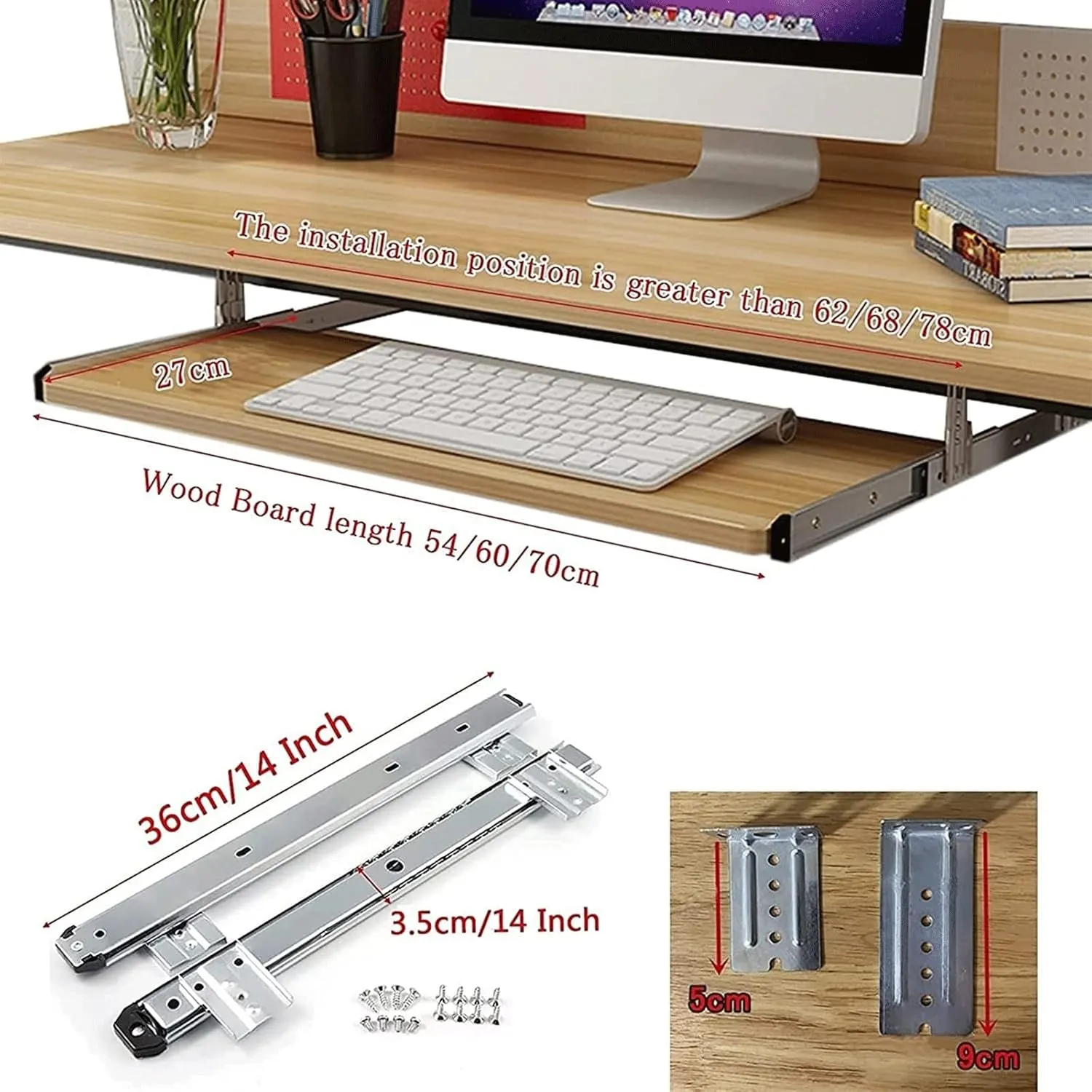 Sliding Keyboard Tray, Under Desk Keyboard Slider, Wooden Desk Extender, Height Adjustable Keyboard Support Drawer, Keyboard and Mouse Storage Shelves