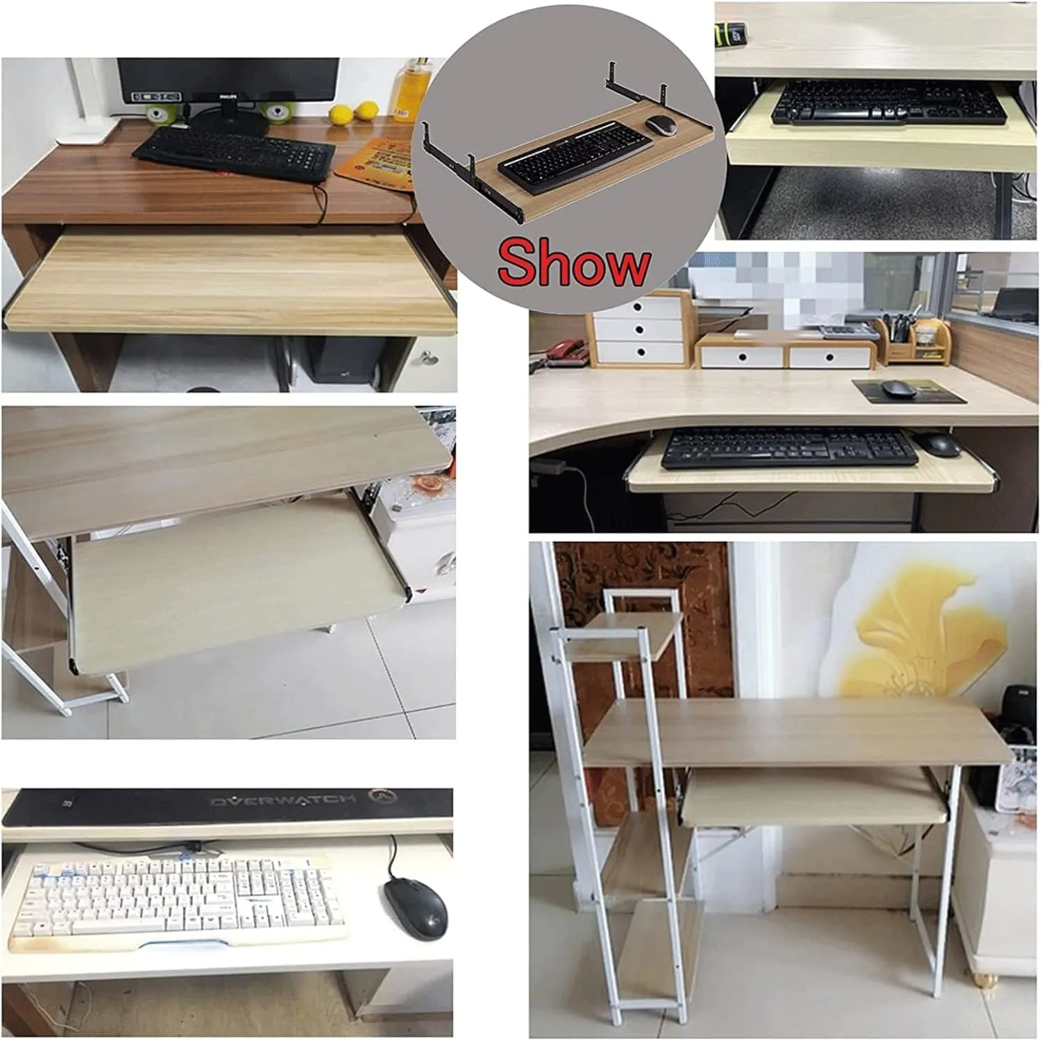 Sliding Keyboard Tray, Under Desk Keyboard Slider, Wooden Desk Extender, Height Adjustable Keyboard Support Drawer, Keyboard and Mouse Storage Shelves