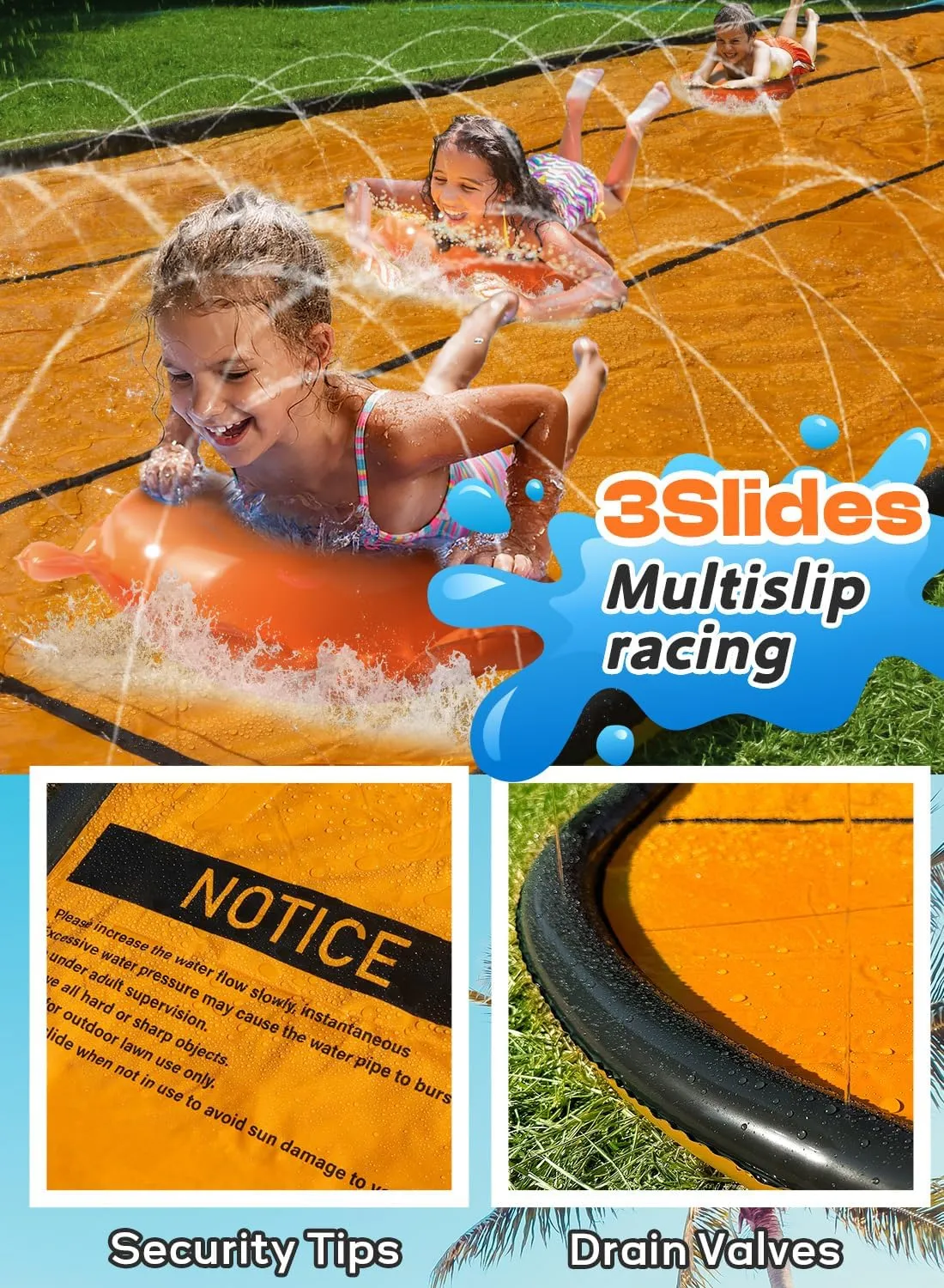 Slip and Water Slip，Slip Water Slide for Kids Backyard 17ft*3 Lane Orange,Summer Toys for Kids Outdoor with Sprinkler and 3 Bodyboards