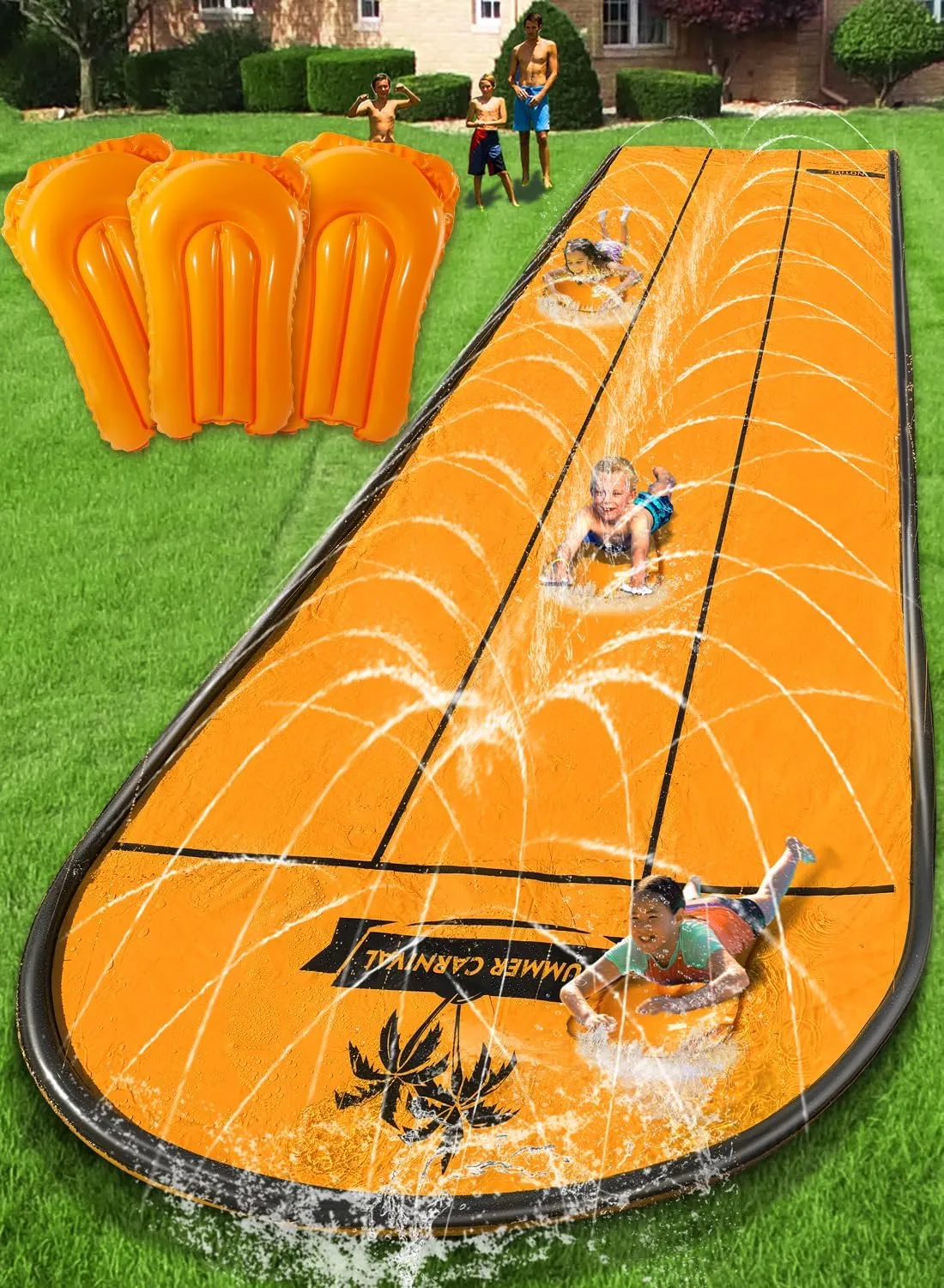 Slip and Water Slip，Slip Water Slide for Kids Backyard 17ft*3 Lane Orange,Summer Toys for Kids Outdoor with Sprinkler and 3 Bodyboards